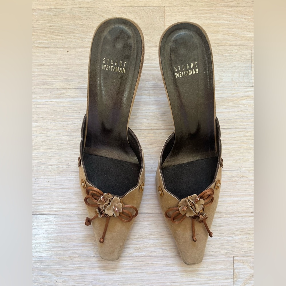 Stuart Weitzman Suede Mules with Floral Accents